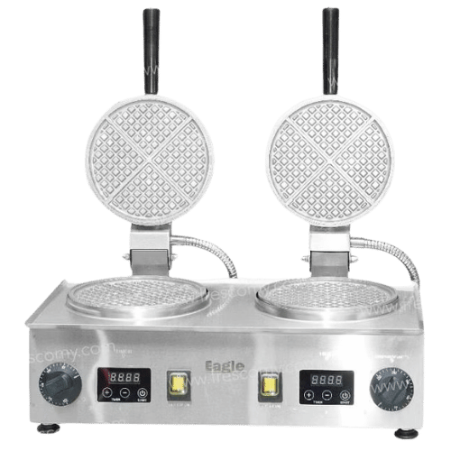 Double electric waffle maker with stainless steel body, two round waffle plates, digital displays, control buttons, and power switches.