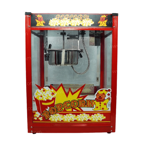 A red popcorn machine with a glass front, metal kettle inside, and decorative popcorn graphics on the exterior.