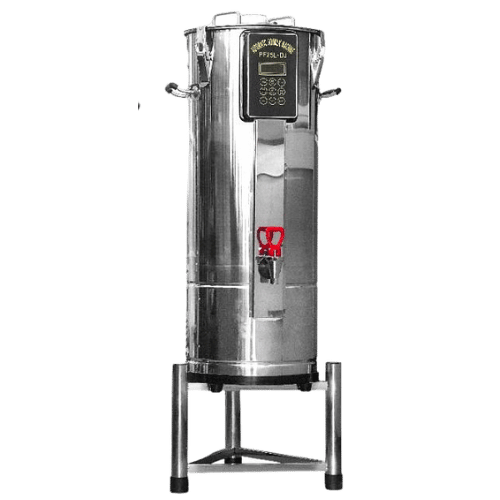 A stainless steel commercial brewing or fermentation tank with a digital control panel and a red valve, standing on a metal frame.