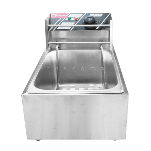 A stainless steel electric deep fryer with a control panel, temperature knob, and indicator lights on the back panel.
