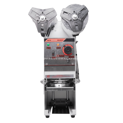 Front view of an automatic cup sealing machine with control buttons, a film holder, and a cup holder, designed for sealing beverage cups.