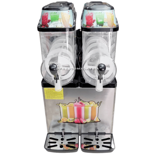 A double beverage dispenser machine with transparent tanks containing colorful drinks, featuring tap handles and drip trays below.