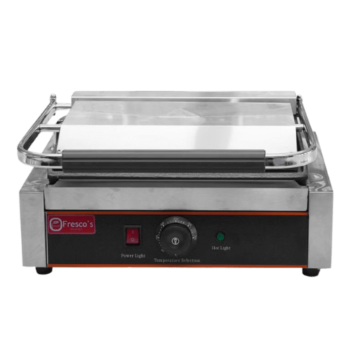A stainless steel commercial sandwich press with a temperature control knob, indicator lights, and the Fresco's logo on the front panel.