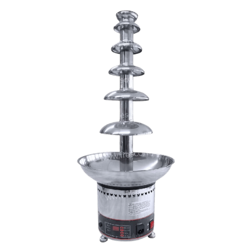 A large stainless steel chocolate fountain machine with multiple tiers and a round base, designed for serving melted chocolate at events.