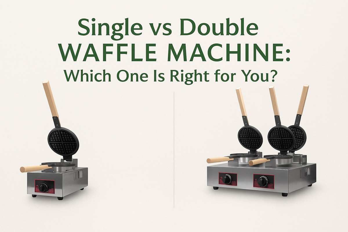 Side-by-side comparison of a single waffle machine and a double waffle machine, both featuring wooden handles and open plates. Text above asks, "Single vs Double Waffle Maker: Which One Is Right for You?.