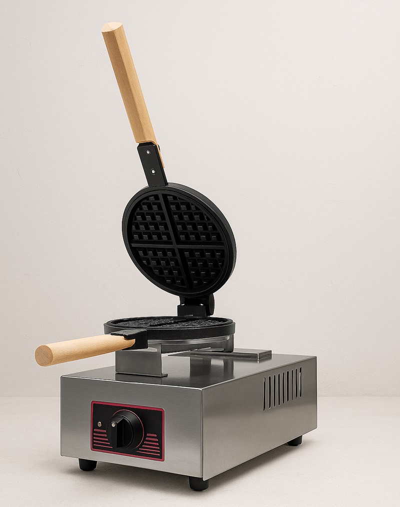 A stainless steel Single Waffle Machine with wooden handles, open to reveal the waffle plates, sits on a light surface against a plain background.