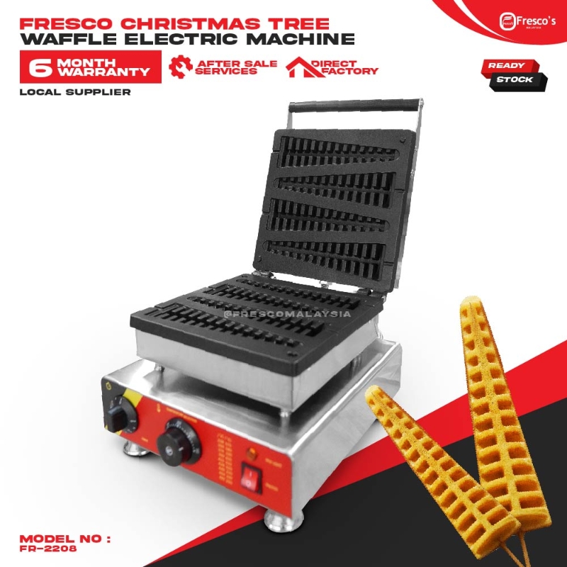 The Waffle Christmas Tree Electric Machine FR-2208 is shown with two festive tree-shaped waffles, highlighting its product features and warranty info.