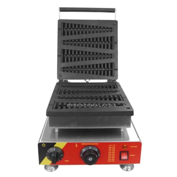 The Waffle Christmas Tree Electric Machine FR-2208 is a commercial sandwich or waffle maker featuring a red control panel, temperature dial, and ridged open plates—ideal for making festive Waffle Christmas Trees.