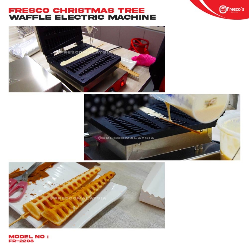 The Waffle Christmas Tree Electric Machine FR-2208 is shown with batter being poured in and finished waffle sticks on a plate, ideal for making festive treats like Waffle Christmas Trees.