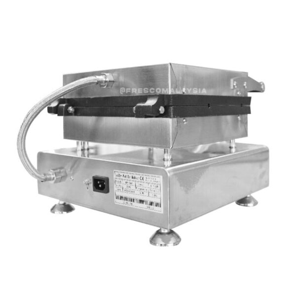 The Waffle Christmas Tree Electric Machine FR-2208 is a stainless steel unit with a hinged top lid connected by a metal hose, and stands securely on four round feet.