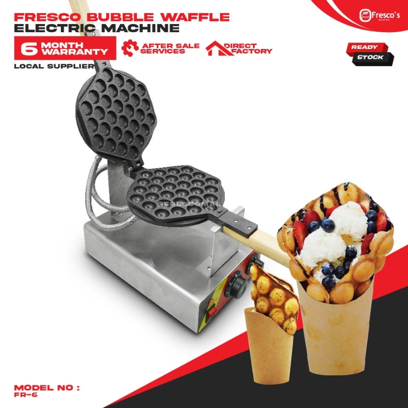 The Waffle Egg Bubble Electric Machine FR-6 is shown open, with cone-shaped bubble waffles filled with ice cream and toppings beside it.