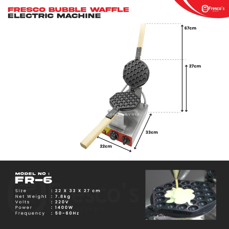 The Waffle Egg Bubble Electric Machine FR-6 is shown open with batter being poured, highlighting its dimensions, power, and weight—perfect for versatile waffle creations.