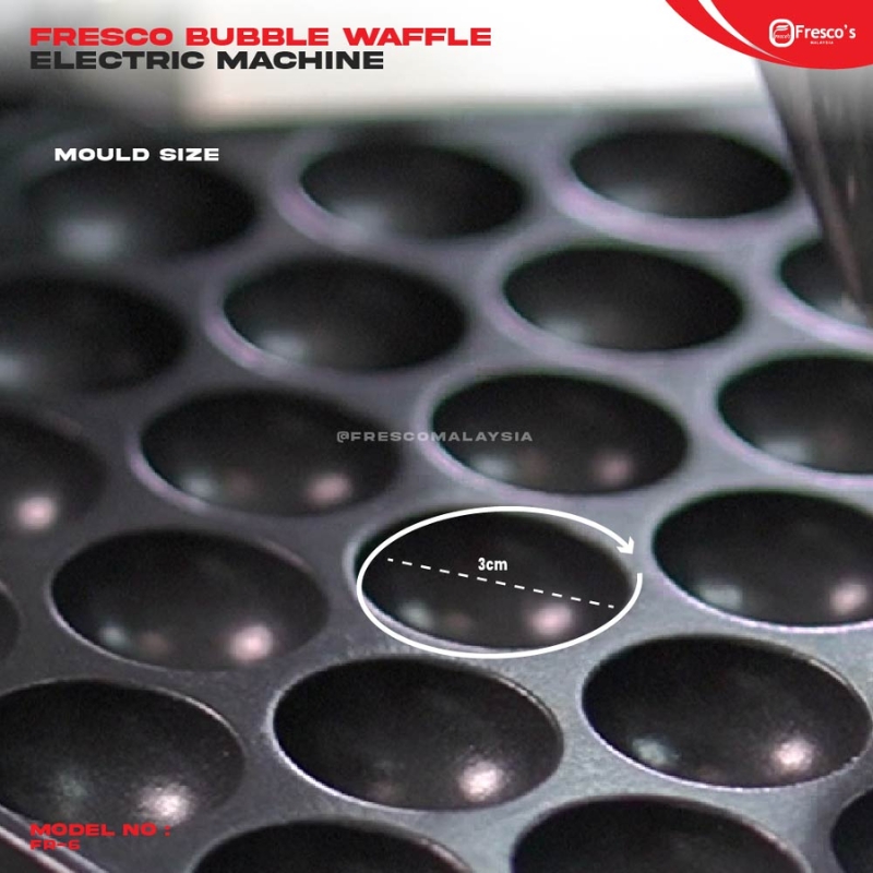 Close-up of the Waffle Egg Bubble Electric Machine FR-6, featuring circular moulds with 3 cm diameters, perfect for making tasty bubble waffles.