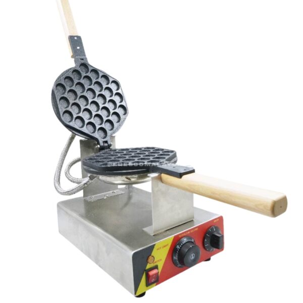 The Waffle Egg Bubble Electric Machine FR-6 features an open lid, honeycomb pattern for waffle eggs, wooden handles, and control knobs on a metal base.