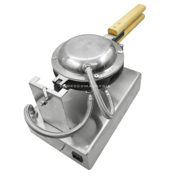 The Waffle Egg Bubble Electric Machine FR-6 is a stainless steel commercial waffle maker with wooden handles, metal tubing, and a rectangular base—perfect for making delicious Waffle Egg Bubble treats.