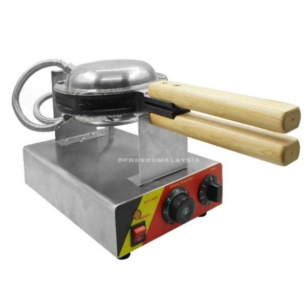 The Waffle Egg Bubble Electric Machine FR-6 is made of stainless steel, features wooden handles, a temperature control knob, and an indicator light on the front panel.