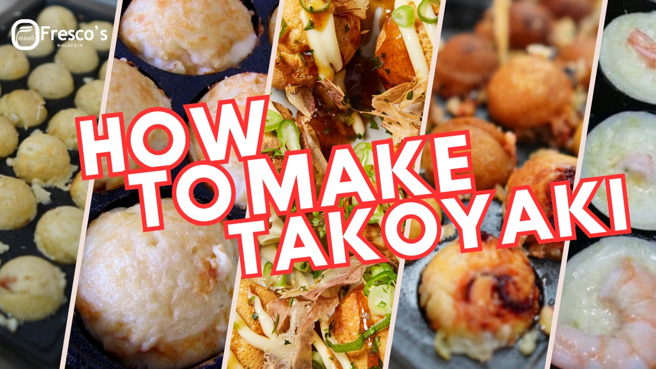 Step-by-step images of making takoyaki with a kayaball electric machine, featuring batter in the pan, golden takoyaki balls, and finished takoyaki topped with sauce and garnishes. Text reads: "How to Make Takoyaki.