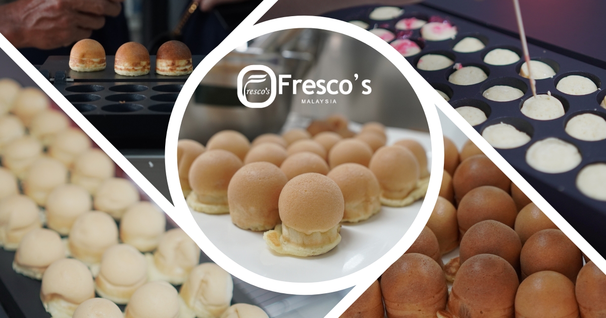 Assorted dome-shaped cakes, reminiscent of treats from a takoyaki shop, being prepared and displayed on trays, with "Fresco’s Malaysia" logo in the center.