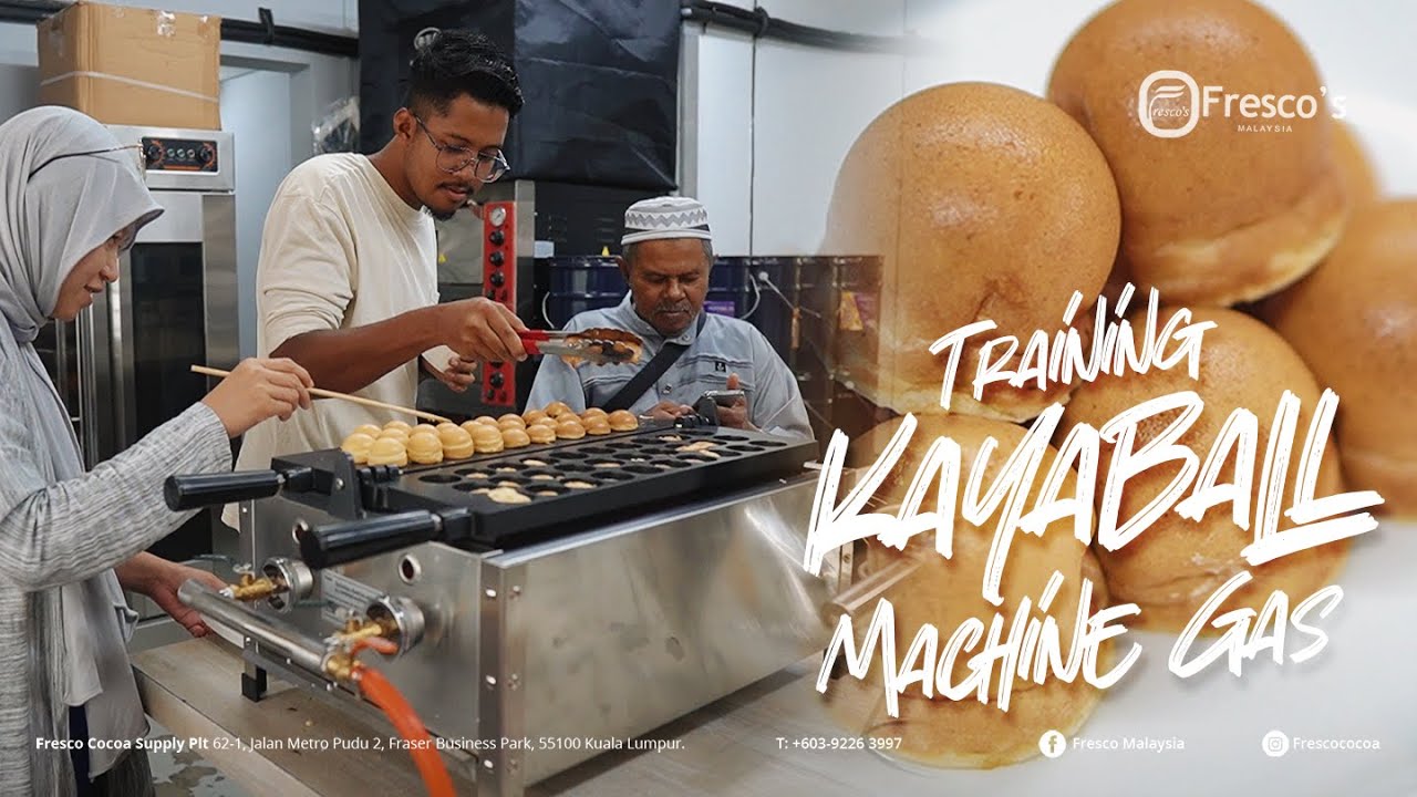 Three people are using a kayaball machine to make round kaya balls in a commercial kitchen, with a close-up of the finished product on the right.