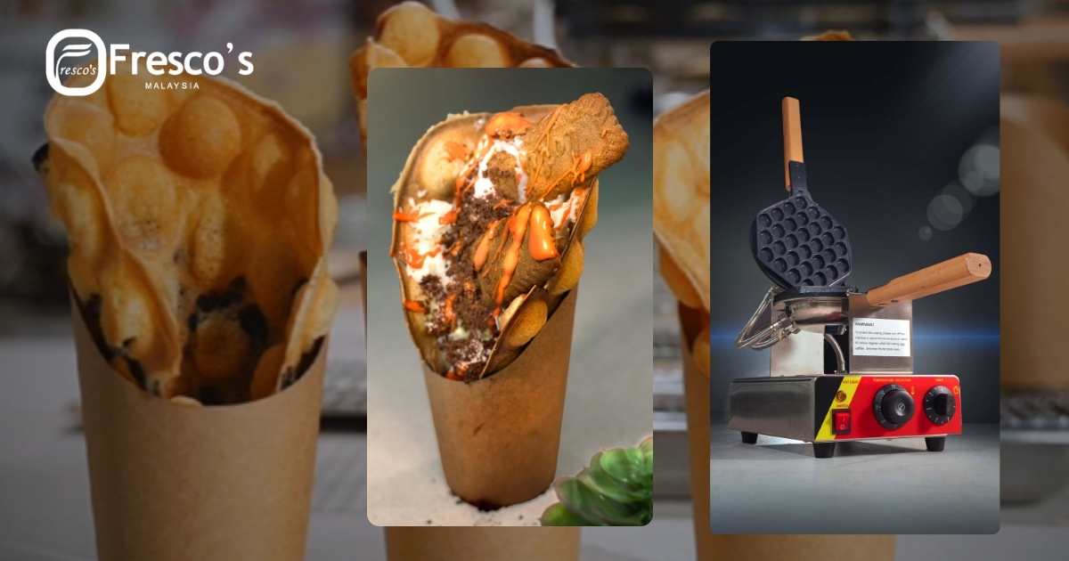 Three items: a plain bubble waffle in a paper cone, a filled bubble waffle with toppings, and a Waffle Cone machine on top of an electric stove. Fresco's Malaysia logo is visible.