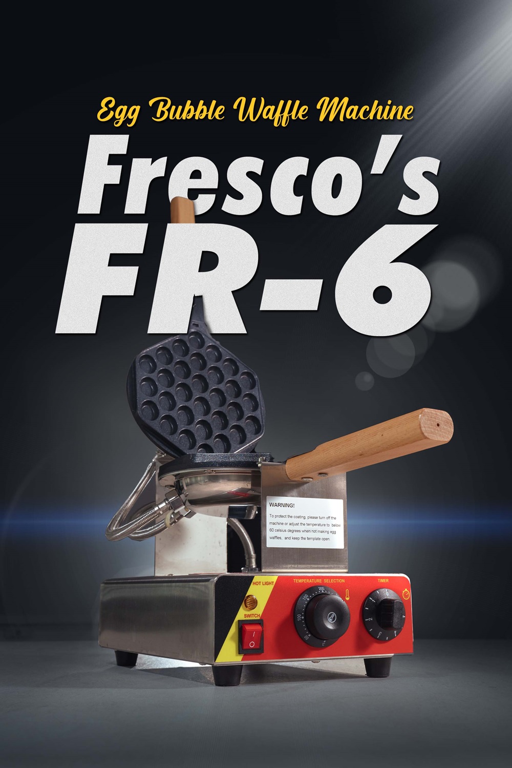 A waffle cone machine with a wooden handle, this double function waffle maker serves as both a waffle and cone tool for versatile homemade treats.