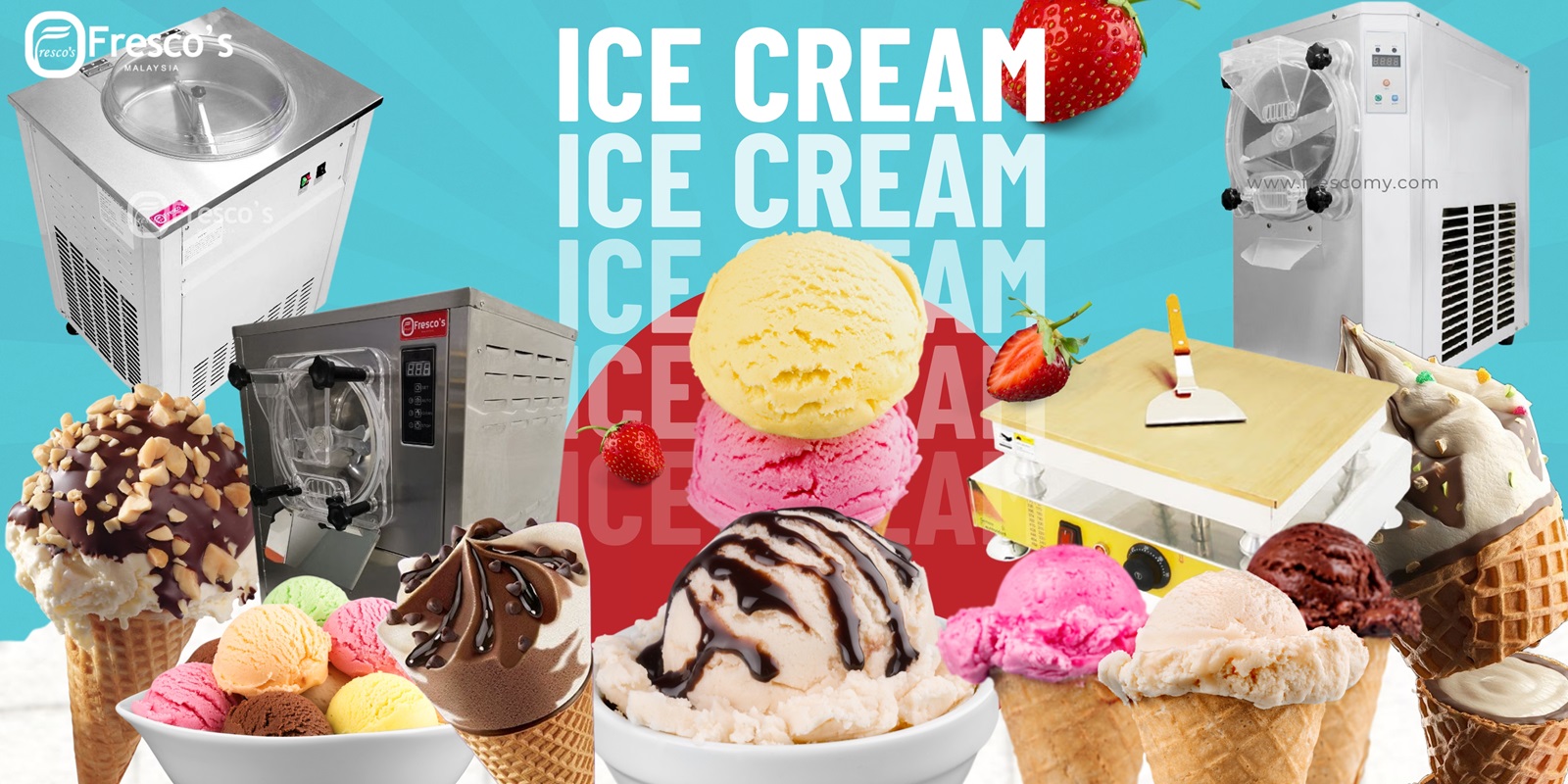 Assorted ice cream scoops and cones in front of kayaball machines, with strawberries and a sign reading "ICE CREAM" repeatedly in the background, create a vibrant scene at the Kayaball shop.