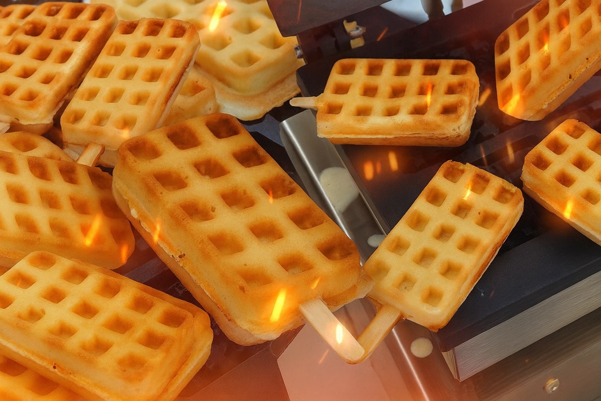 Rectangular waffles on sticks are being heated on a waffle maker, such as the Fresco Malaysia Waffle Machine, with several cooked waffles visible—perfect for those looking to start a small food business.