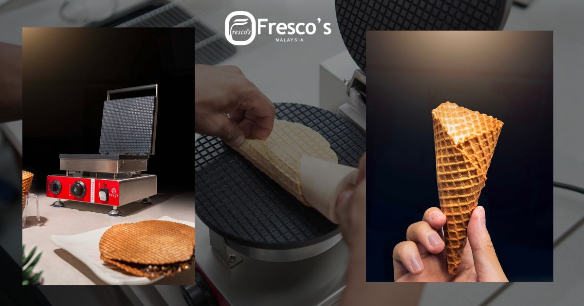 Three images show an ice cream cone maker, a hand shaping a waffle on the machine, and a finished waffle cone being held up. Fresco's Malaysia logo is at the top.