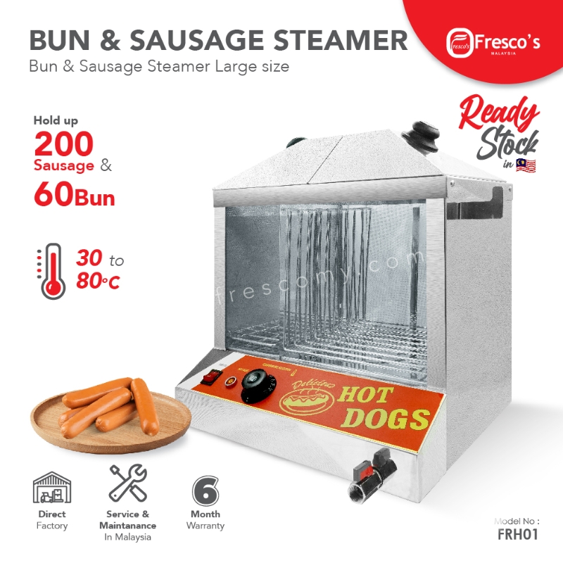 The Hotdog Bun Sausage Steamer Classic Large FRH01 holds up to 200 sausages and 60 buns, featuring a stainless steel build, easy-to-use control panel, and illustrated features.