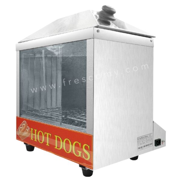 The Hotdog Bun Sausage Steamer Classic Large FRH01 has a stainless steel build, transparent glass side, and bold red "HOT DOGS" sign, making it ideal for steaming hot dog buns at any event or concession stand.