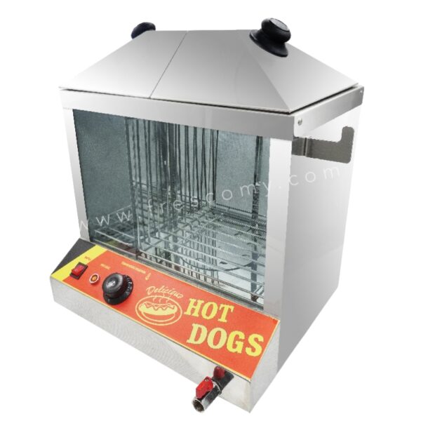 The Hotdog Bun Sausage Steamer Classic Large FRH01 is a stainless steel steamer with a glass front, "Hot Dogs" label on the bottom panel, top control knobs, and serves as both a hotdog and sausage steamer for versatile snack prep.