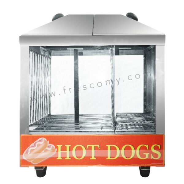 The Hotdog Bun Sausage Steamer Classic Large FRH01 is a stainless steel countertop warmer with a glass front and red "HOT DOGS" sign, ideal for keeping buns warm. The unit is currently empty.