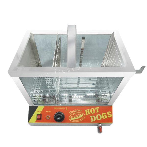 Top view of the Hotdog Bun Sausage Steamer Classic Large FRH01, with labeled controls, a temperature knob, and separate compartments for steaming sausages and warming buns.
