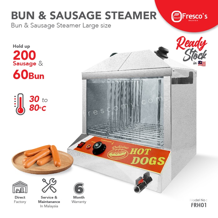Stainless steel bun and sausage steamer with transparent door, digital display, and a plate of sausages beside it. Perfect for hotdog Malaysia vendors—holds up to 200 sausages and 60 buns for efficient service.