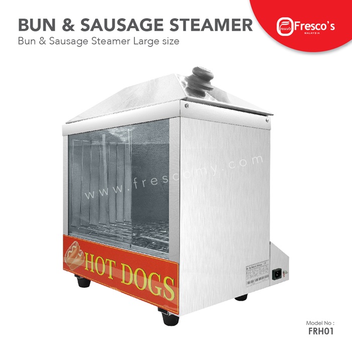 Stainless steel hotdog steamer Malaysia with glass panels, labeled "HOT DOGS," designed for food service use. Model number FRH01 displayed on the bottom right.