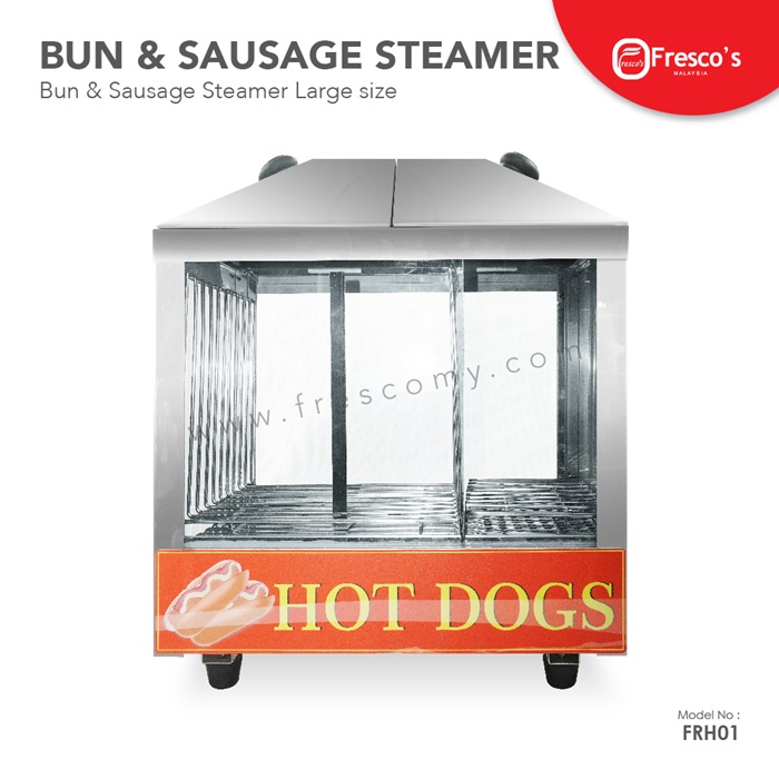 Front view of a stainless steel hotdog steamer Malaysia labeled "HOT DOGS," with compartments visible inside—perfect for preparing delicious steamed hotdog treats.