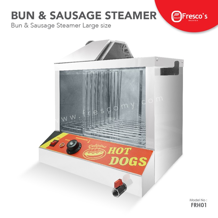 Stainless steel bun and sausage steamer with a transparent front, labeled "Hot Dogs" on the base, featuring control knobs and a spout—FRH01 from Fresco’s. Ideal hotdog steamer Malaysia for those learning how to make hotdogs perfectly every time.