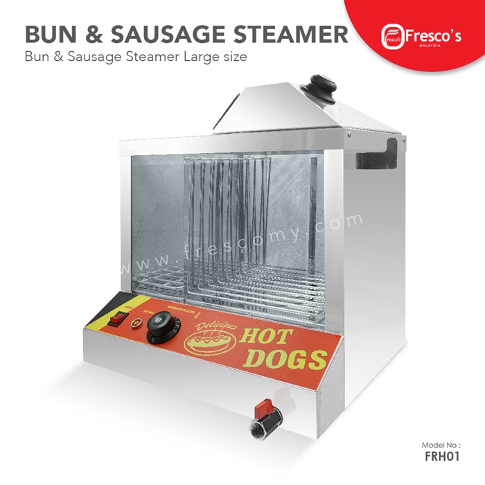 A stainless steel bun and sausage steamer with glass sides, labeled "Hot Dogs" on the front panel, featuring control knobs—perfect for serving steamed hotdog lovers or anyone curious about how to make hotdogs in Malaysia. Marketed by Fresco's.