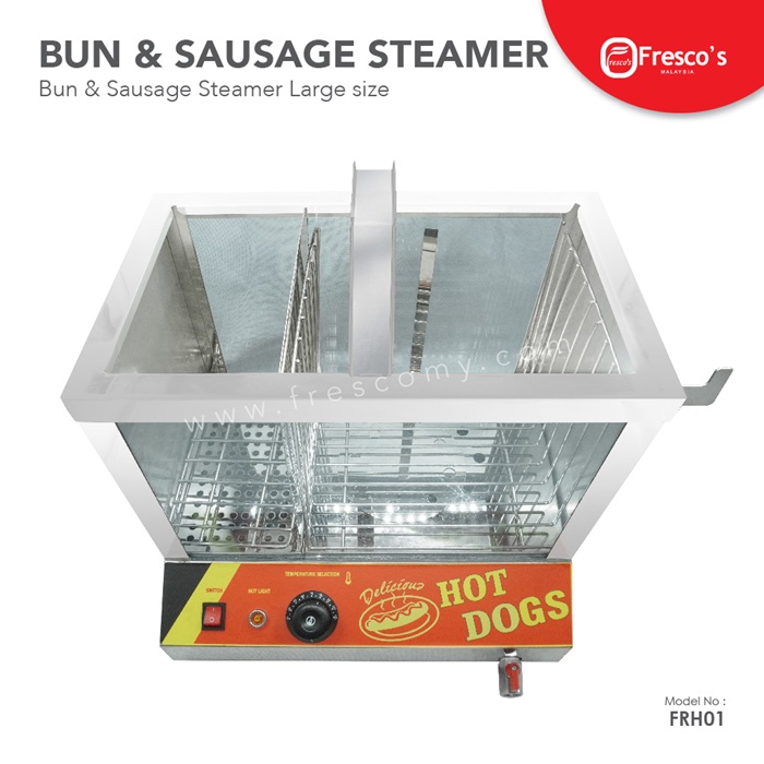 A stainless steel hotdog steamer Malaysia with a glass front, labeled "Fresco's Hot Dogs," featuring control switches and a warming compartment.