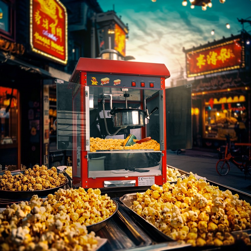 A red commercial popcorn machine is surrounded by trays filled with popcorn, set outdoors in a bustling street with Chinese signs and shops in the background.