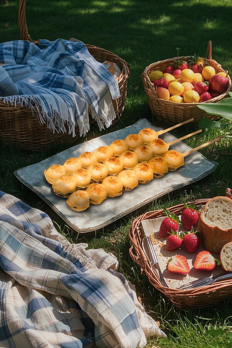 A picnic setup on grass features skewered baked goods—like waffle balls—on a tray, baskets of fruit and bread, and a blue plaid cloth. Enjoy homemade treats or learn how to make waffle ball delights for your next outing!.