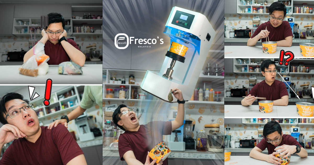 A man sits at a kitchen table with instant noodle cups and soft boiled eggs, appearing frustrated. A noodle vending machine dispenses noodles, surprising him. Various reactions are shown in a collage format.