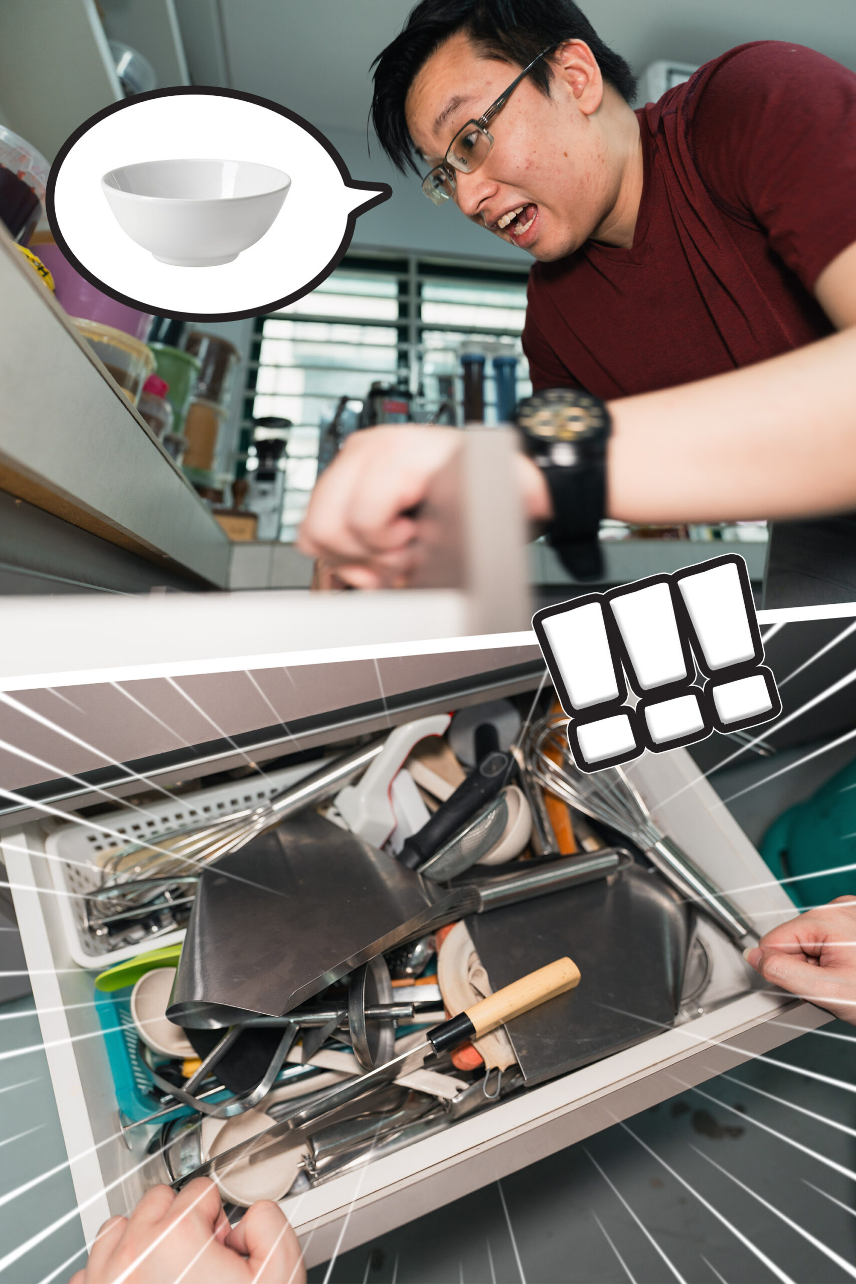 A man looks frustrated while searching for a bowl in a messy kitchen drawer filled with various utensils, kitchen tools, and even a can sealing machine.