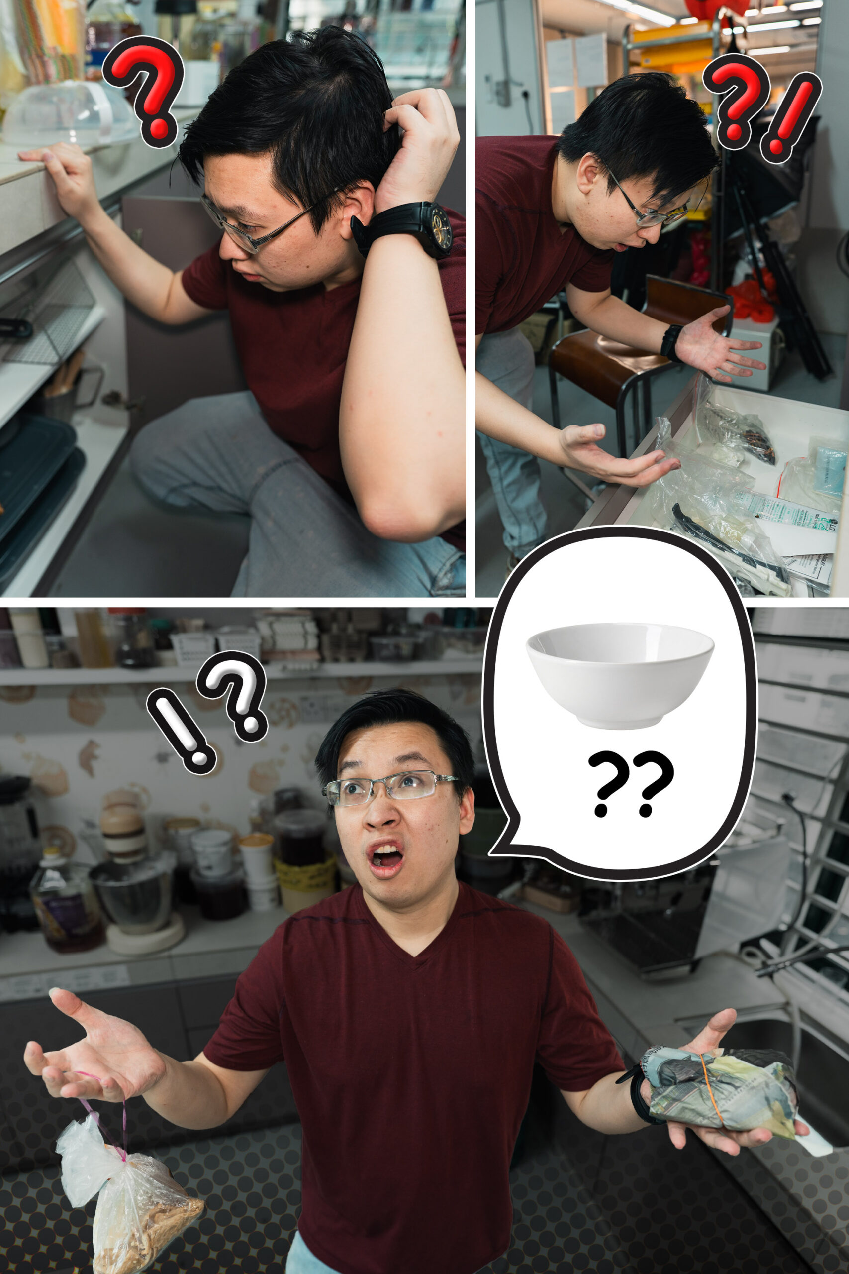 A man in a kitchen searches for a white bowl, appearing confused and holding plastic-wrapped items, possibly from a food sealer. Question marks and a bowl illustration highlight his uncertainty.