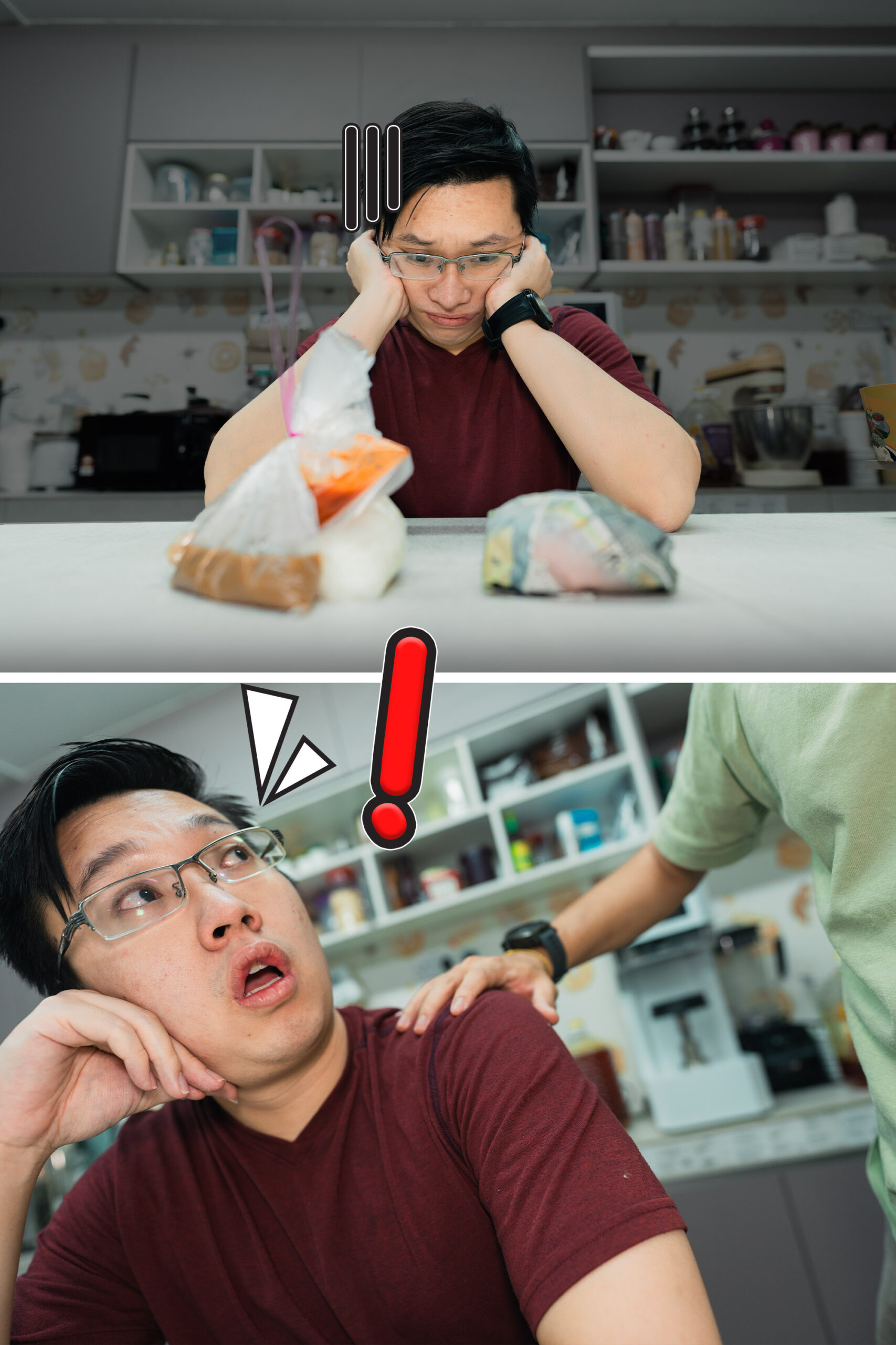 A man in a kitchen looks frustrated at wrapped food, then appears surprised as another person places a hand on his shoulder, suggesting a food sealer or can sealing machine might solve his problem.