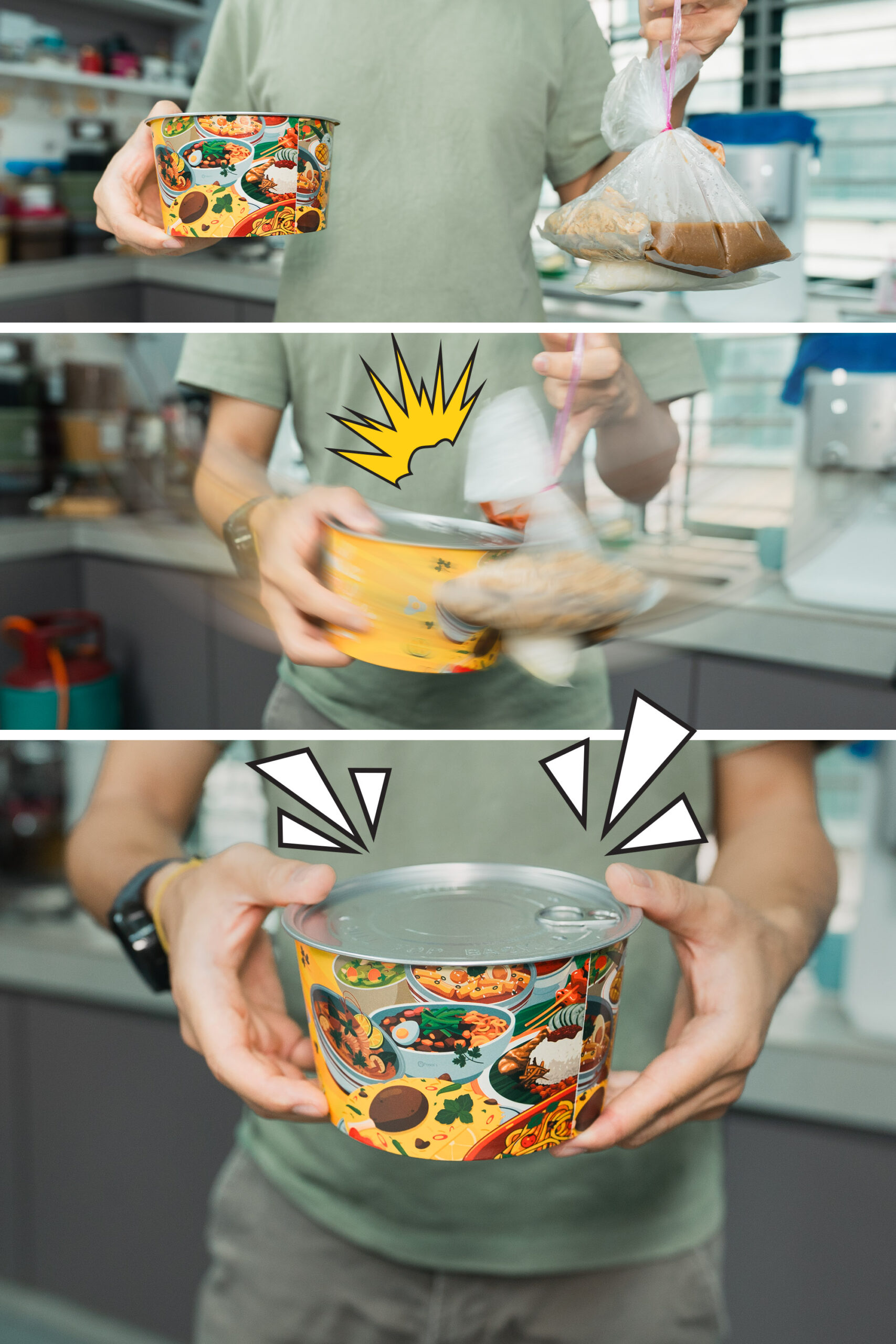 A person shakes a bowl with a sealed lid—like it was closed by a food sealer—and a plastic bag of sauce, then presents the bowl after mixing; comic-style emphasis lines highlight the actions.