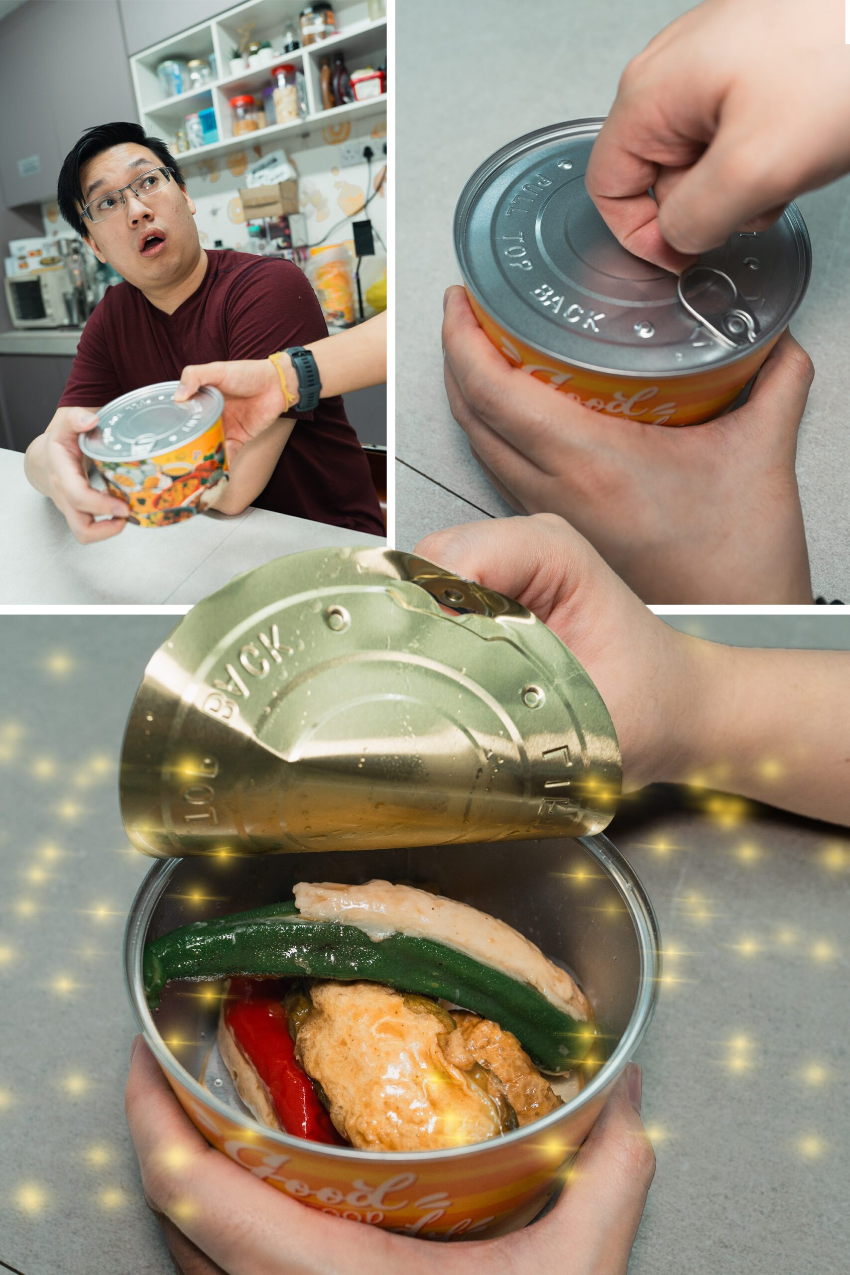 A surprised man holds a can, which when opened with a can sealer reveals whole cooked vegetables and meat inside, shown in close-up with hands lifting the lid.