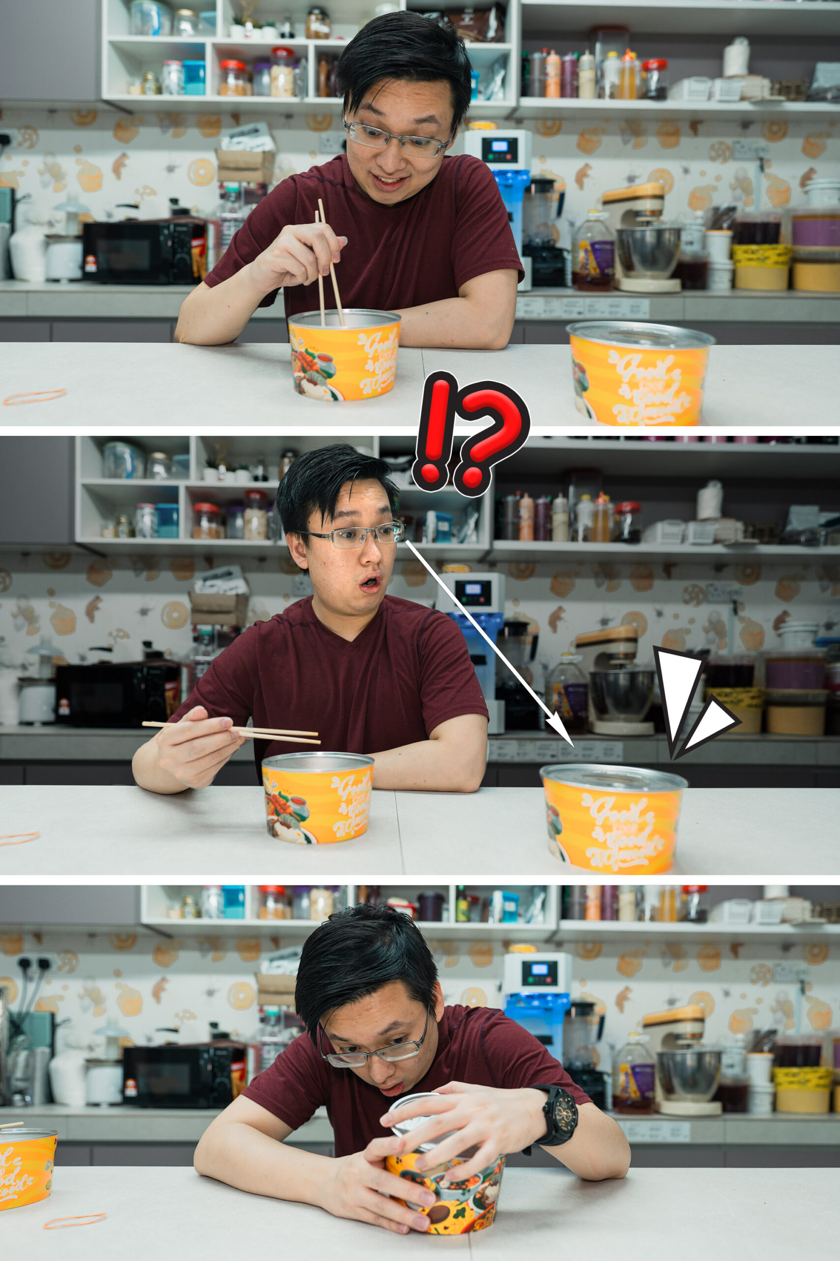 A man sitting at a kitchen counter reacts with surprise as his large cup noodles, sealed fresh with a paper bowl and round box sealing machine, slide away from him, then reaches toward it.