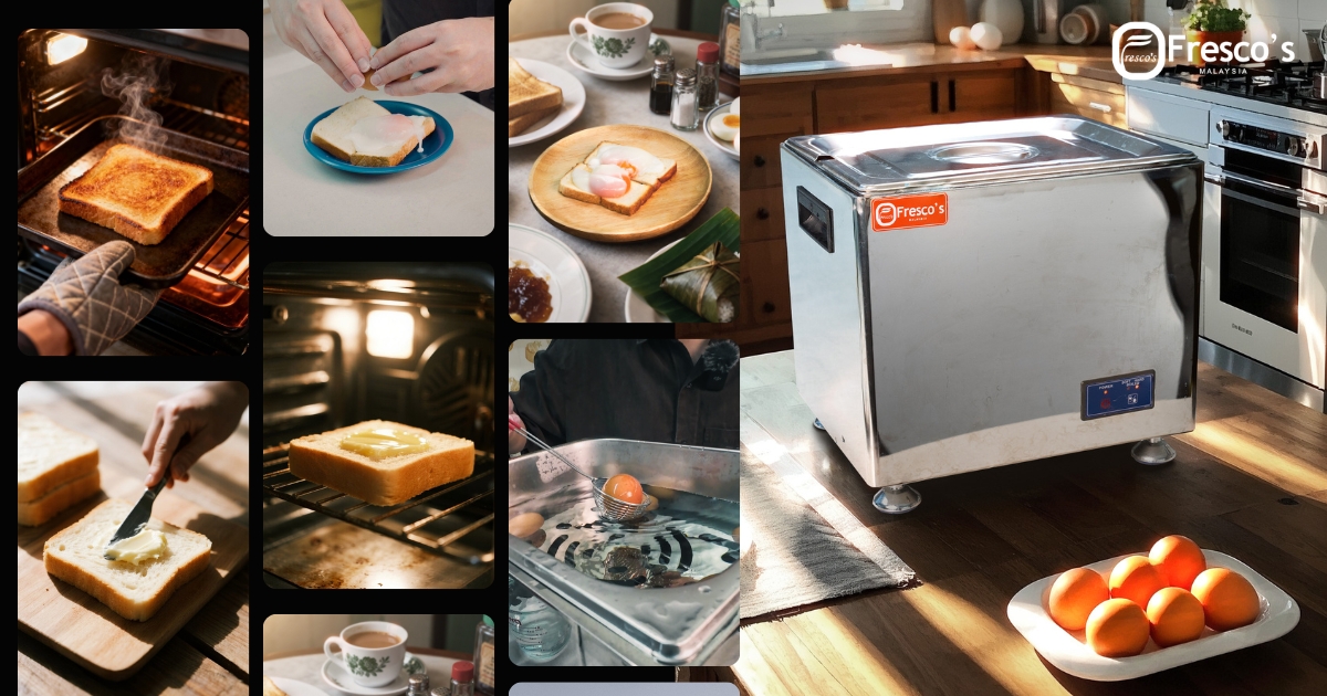 A collage shows steps of making toast with egg, including preparing, baking in an oven, seasoning, and serving, next to a Fresco popcorn maker and a bowl of oranges on a kitchen table.
