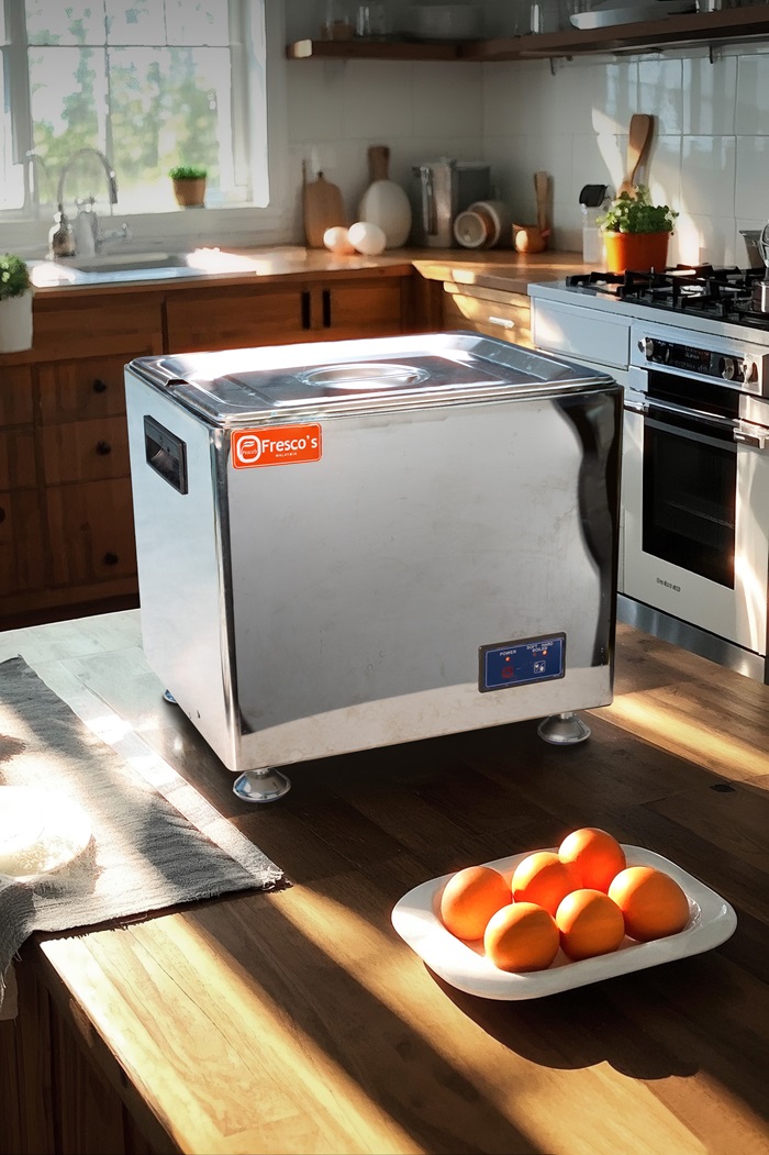 A stainless steel Fresco's machine sits on a wooden kitchen counter near a plate of oranges, with sunlight streaming through a window—perfect for preparing half-boiled eggs to enjoy with morning toast.